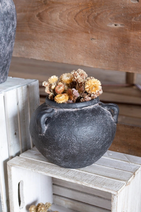 Black Low Round Terracotta Vase